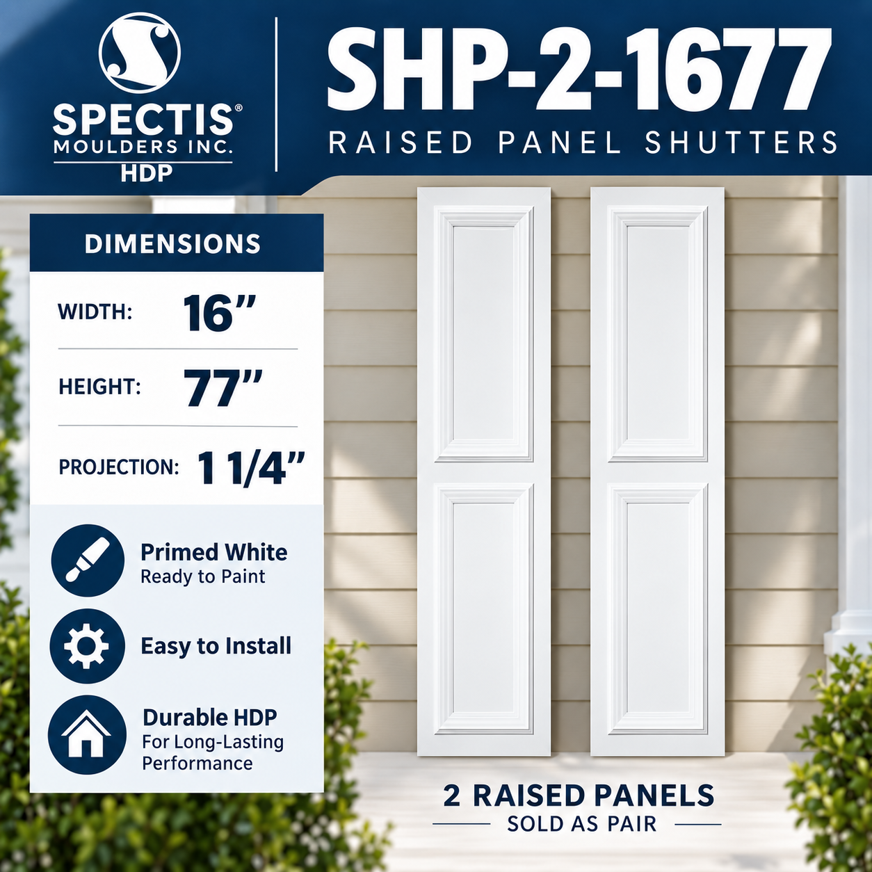 SHP-2 1677 two raised panel shutter pair with dimensions, 16 in wide by 77 in tall