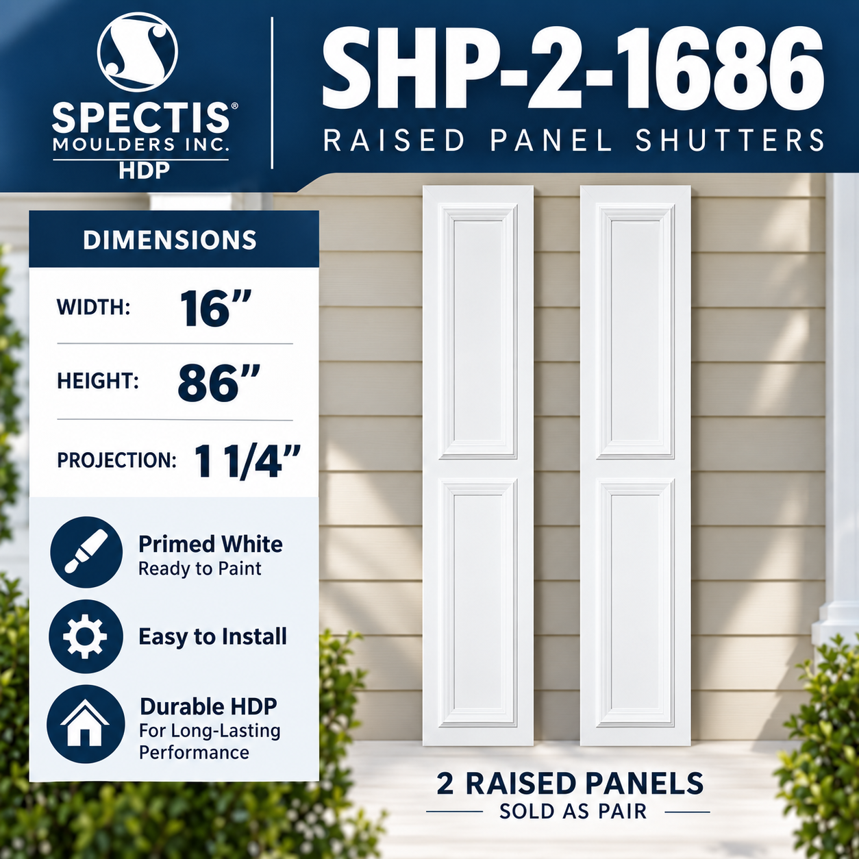 SHP-2 1686 two raised panel shutter pair with dimensions, 16 in wide by 86 in tall
