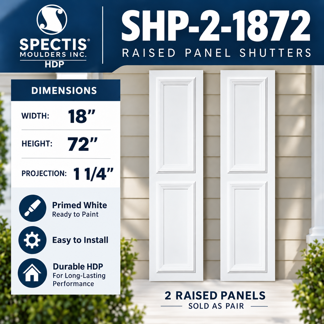 SHP-2 1872 two raised panel shutter pair with dimensions, 18 in wide by 72 in tall