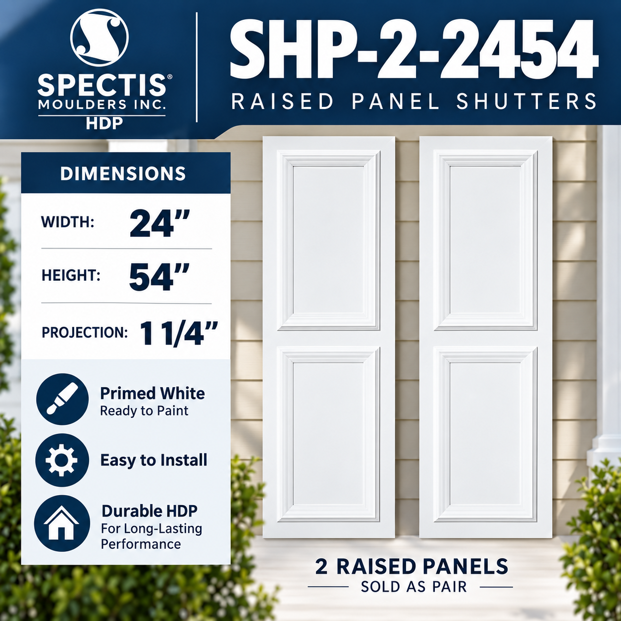 SHP-2 2454 two raised panel shutter pair with dimensions, 24 in wide by 54 in tall