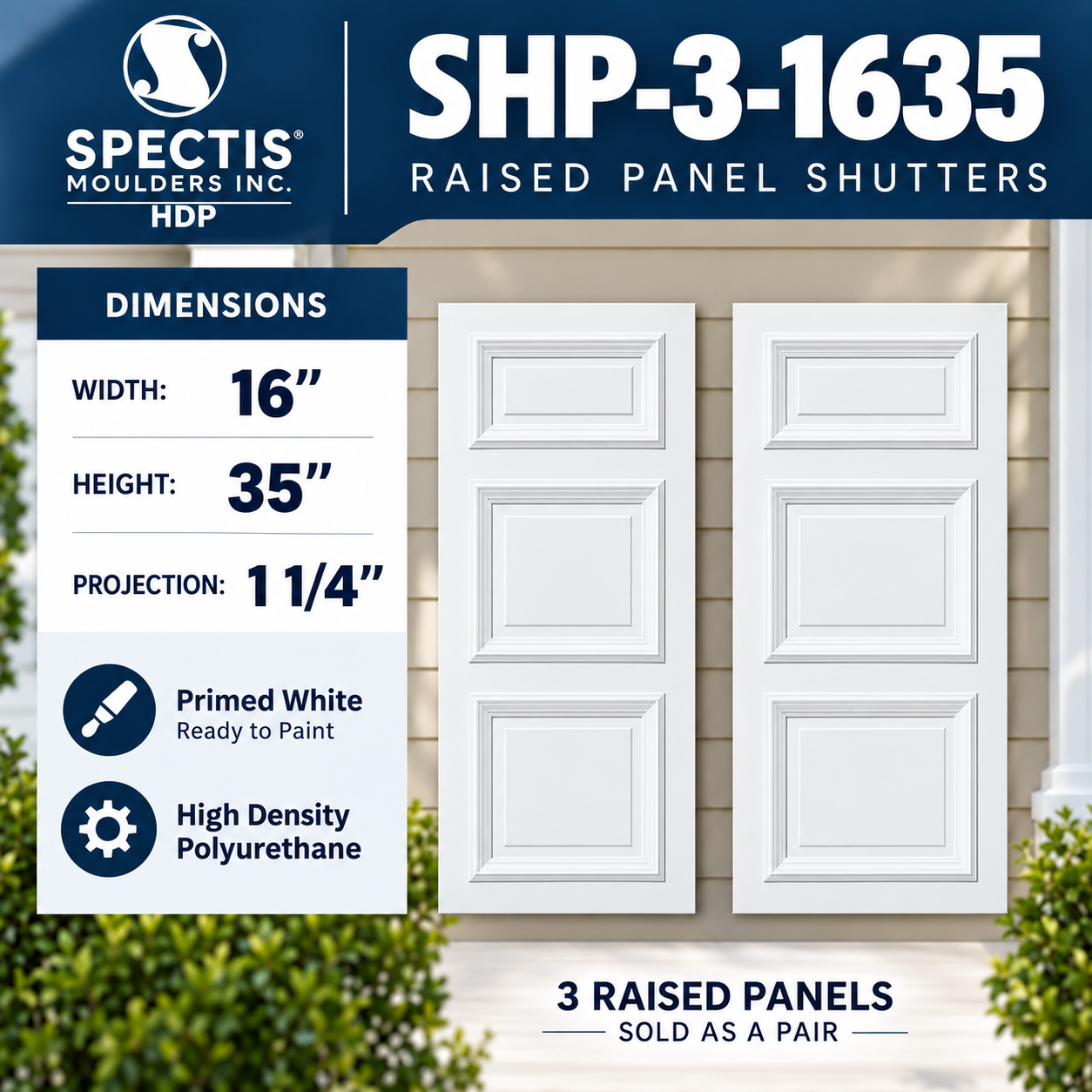 SHP-3 1635 3 Raised Panel Polyurethane Shutters - 16 x 35 (Pair)