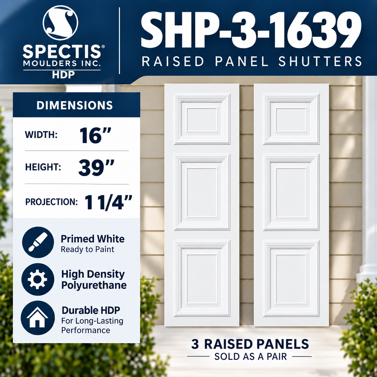SHP-3 1639 3 Raised Panel Polyurethane Shutters - 16 x 39 (Pair)