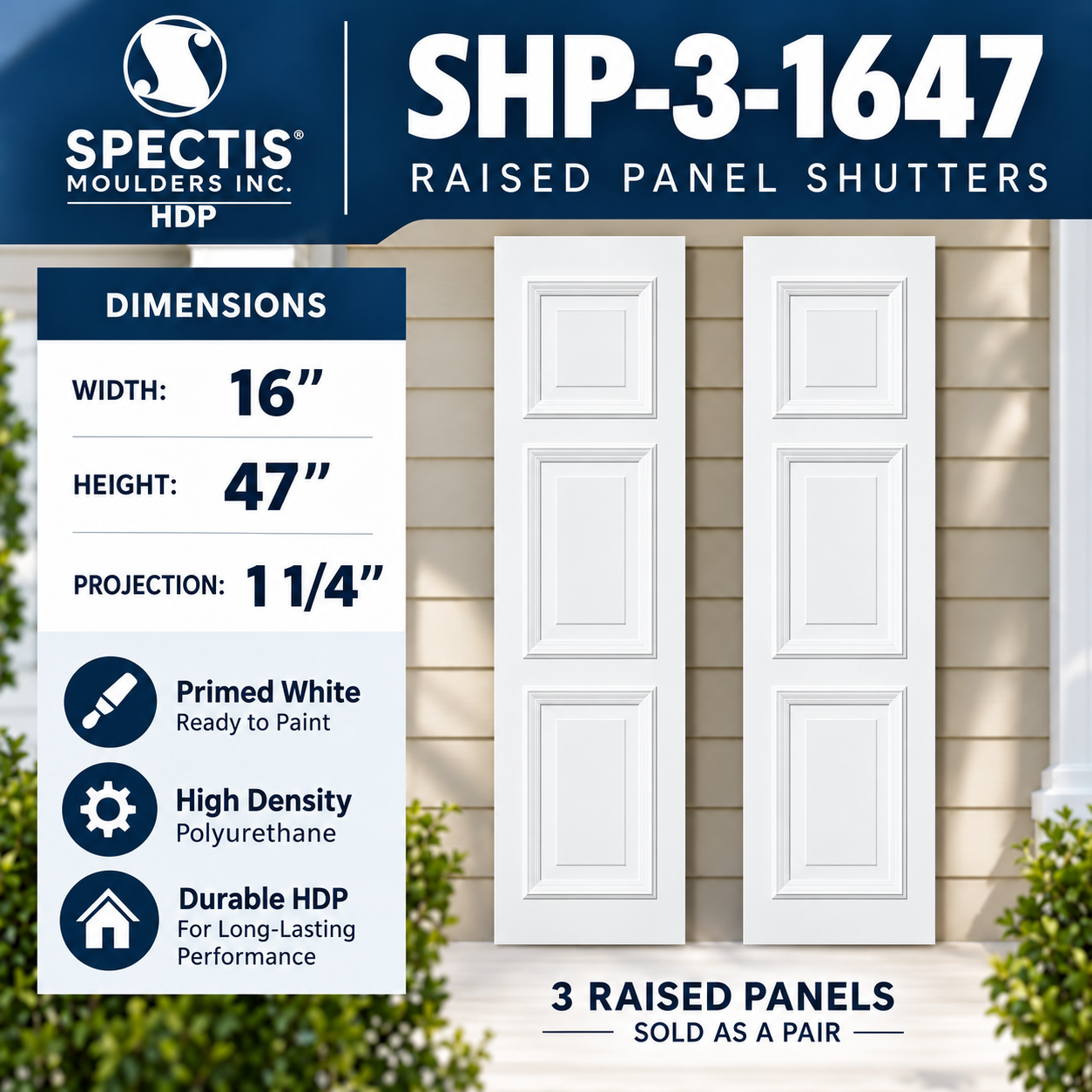 SHP-3 1647 3 Raised Panel Polyurethane Shutters - 16 x 47 (Pair)