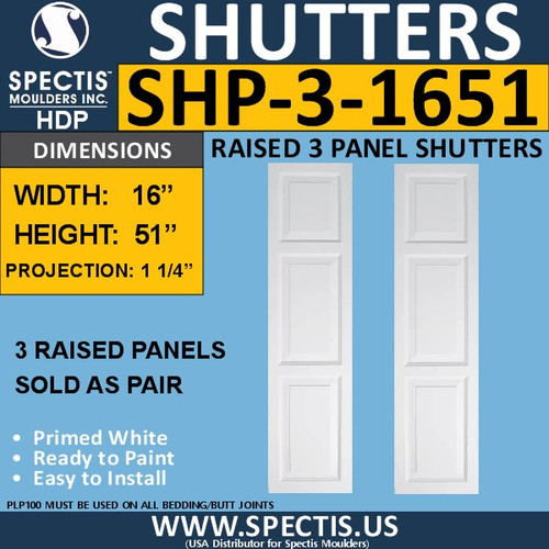 Polyurethane Exterior Shutters with 3 Raised Panels Spectis Moulders