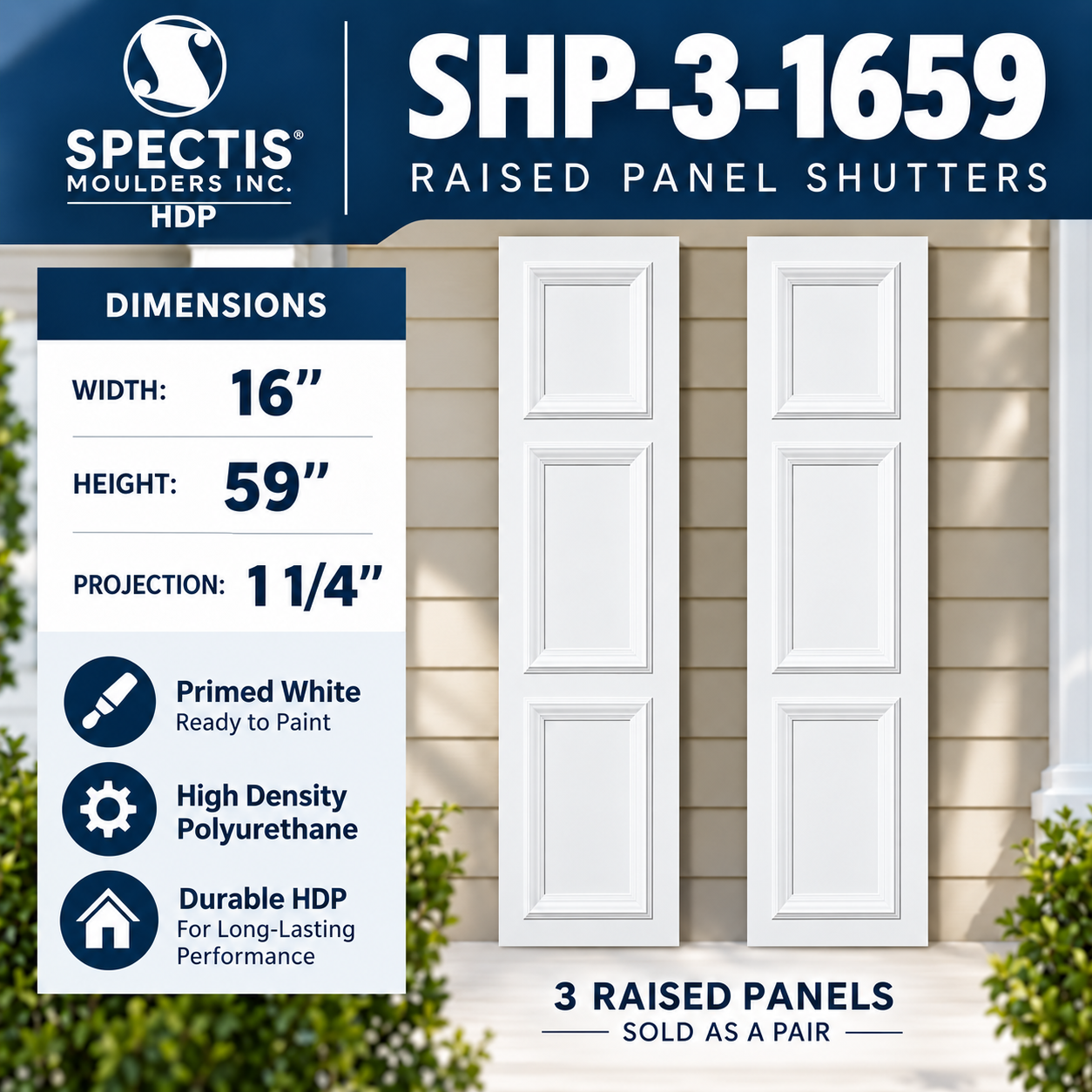 SHP-3 1659 3 Raised Panel Polyurethane Shutters - 16 x 59 (Pair)