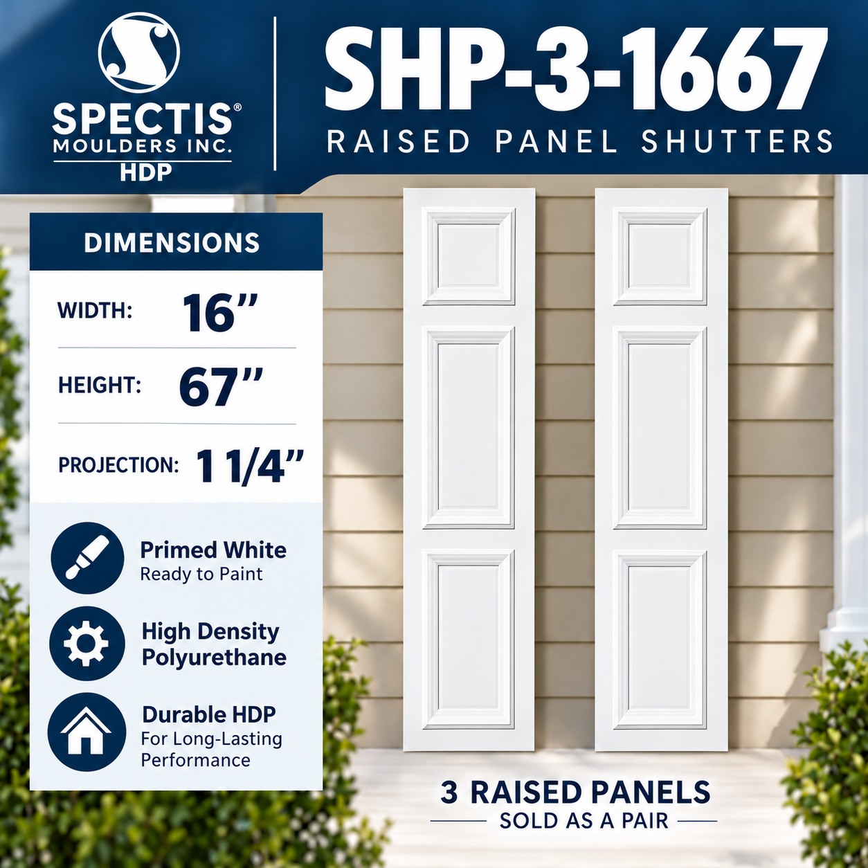 SHP-3 1667 3 Raised Panel Polyurethane Shutters - 16 x 67 (Pair)