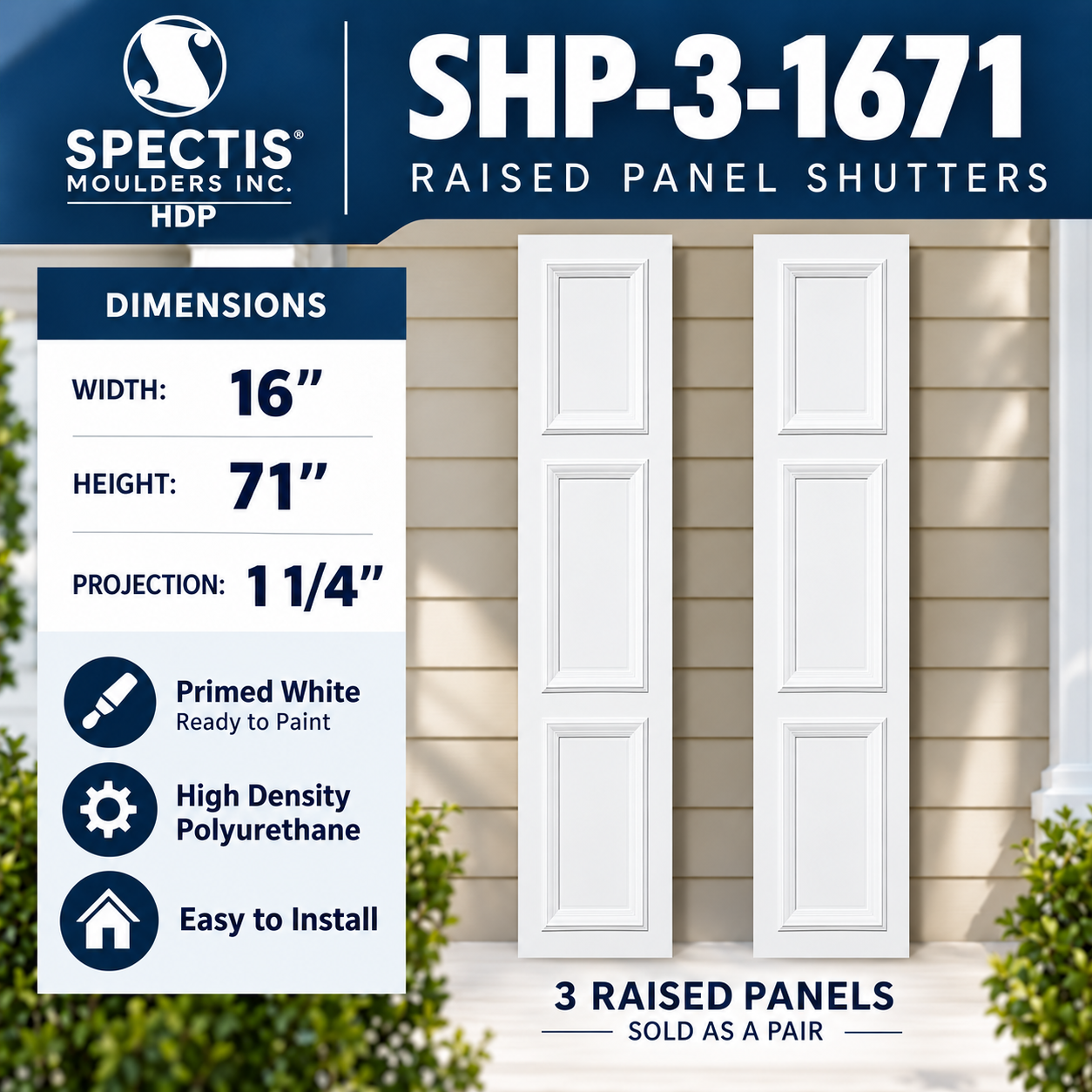 SHP-3 1671 3 Raised Panel Polyurethane Shutters - 16 x 71 (Pair)