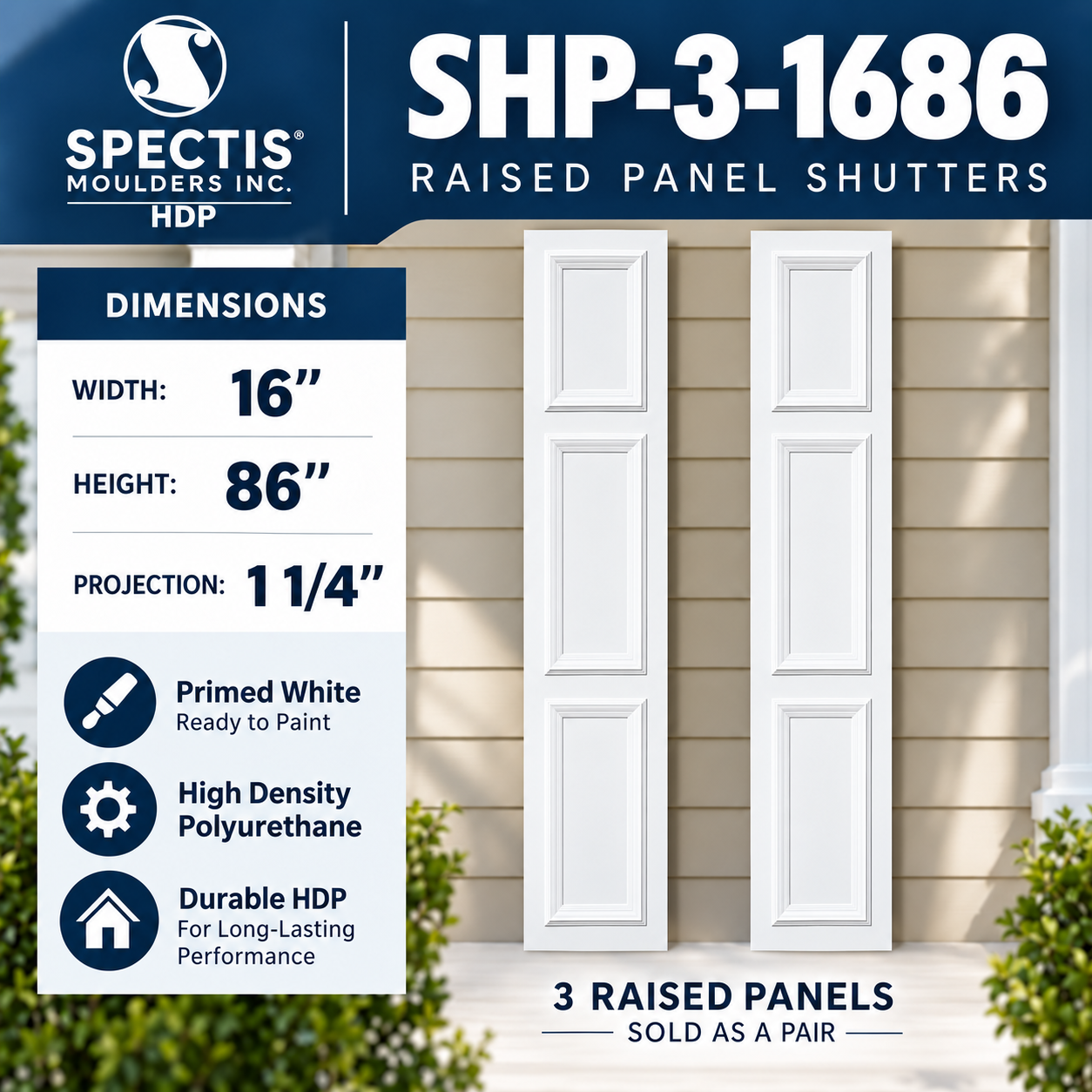 SHP-3 1686 3 Raised Panel Polyurethane Shutters - 16 x 86 (Pair)