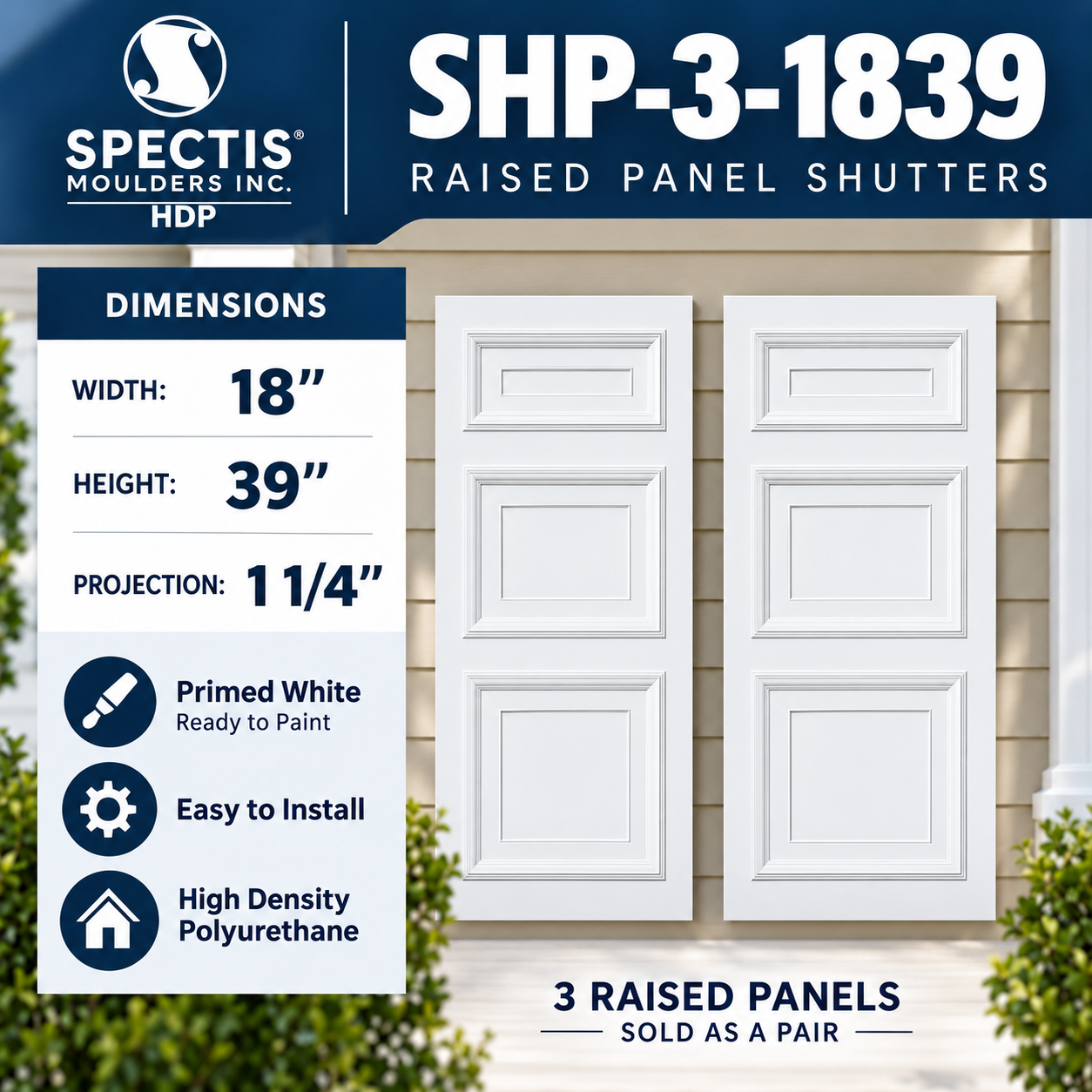 SHP-3 1839 3 Raised Panel Polyurethane Shutters - 18 x 39 (Pair)