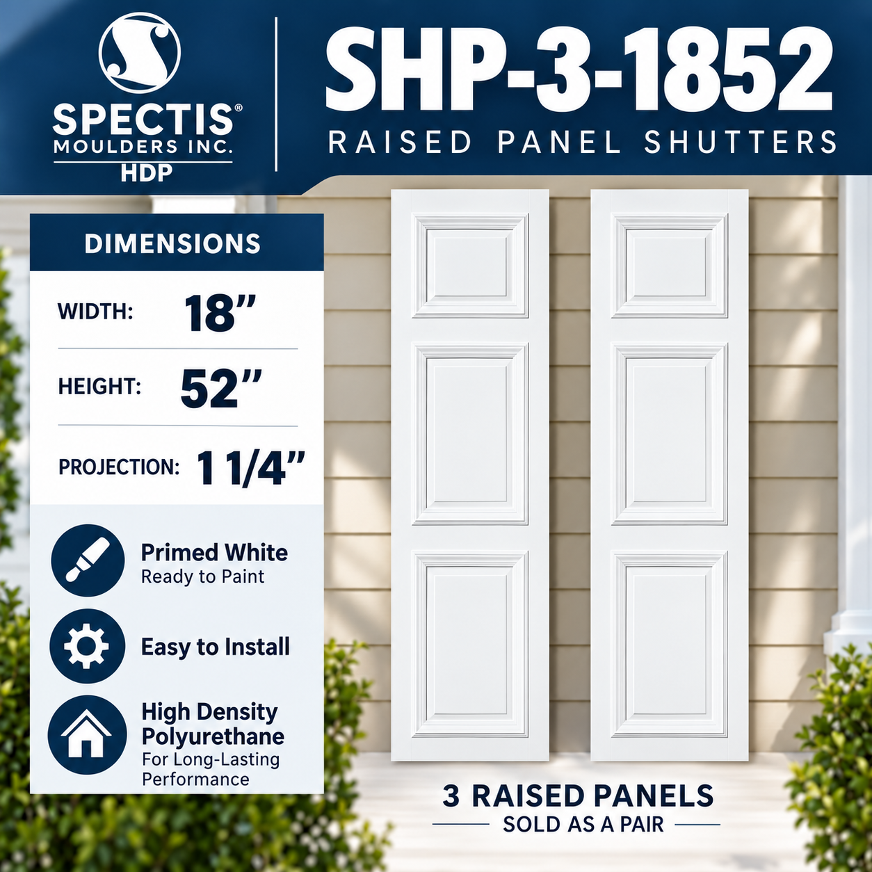 SHP-3 1852 3 Raised Panel Polyurethane Shutters - 18 x 52 (Pair)