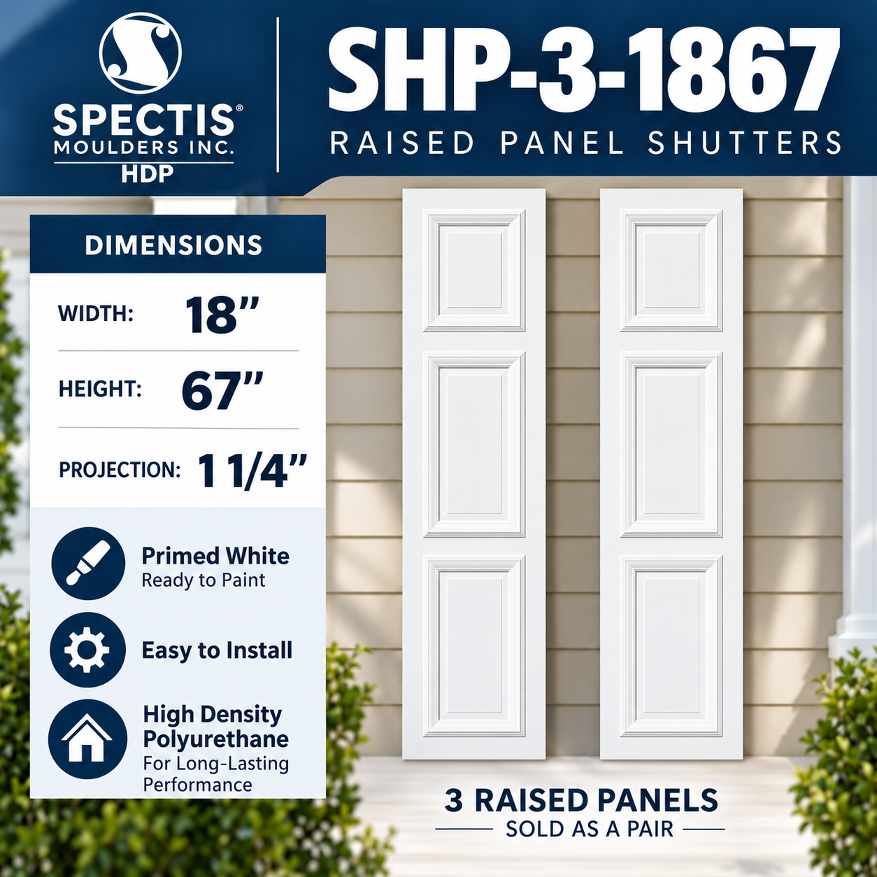 SHP-3 1867 3 Raised Panel Polyurethane Shutters - 18 x 67 (Pair)