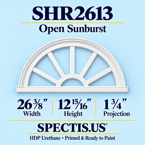 SHR2613 Open Sunburst in primed HDP urethane, 26 3/8 inch width, 12 15/16 inch height and 1 3/4 inch projection