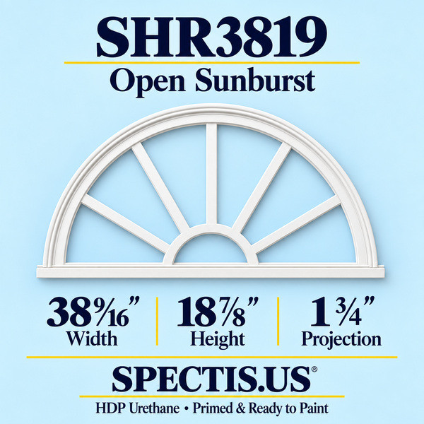 SHR3819 Open Sunburst in primed HDP urethane, 38 9/16 inch width, 18 7/8 inch height and 1 3/4 inch projection