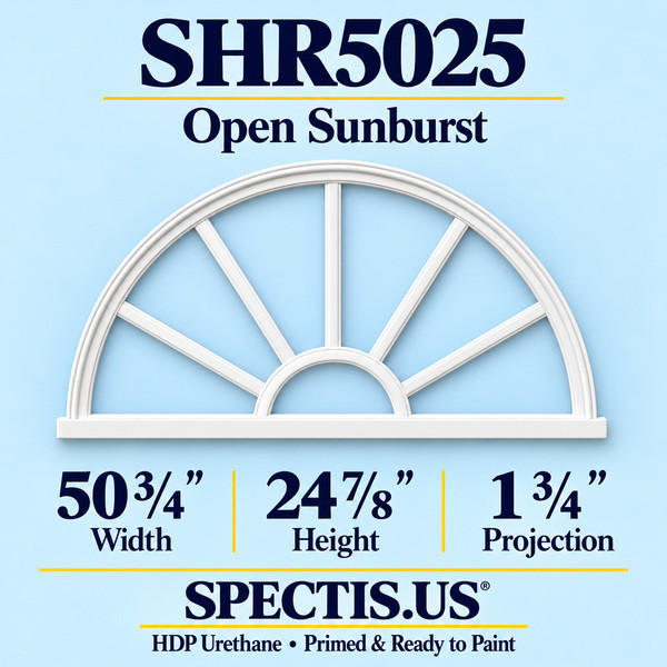 SHR5025 Open Sunburst in primed HDP urethane, 50 3/4 inch width, 24 7/8 inch height and 1 3/4 inch projection