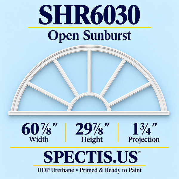 SHR6030 Open Sunburst in primed HDP urethane, 60 7/8 inch width, 29 7/8 inch height and 1 3/4 inch projection