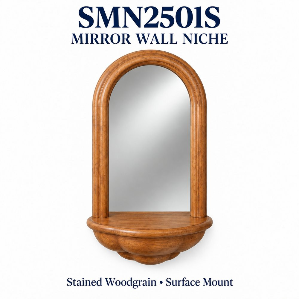 SMN2501S Surface Mount Wall Niche with Mirror, Stained woodgrain