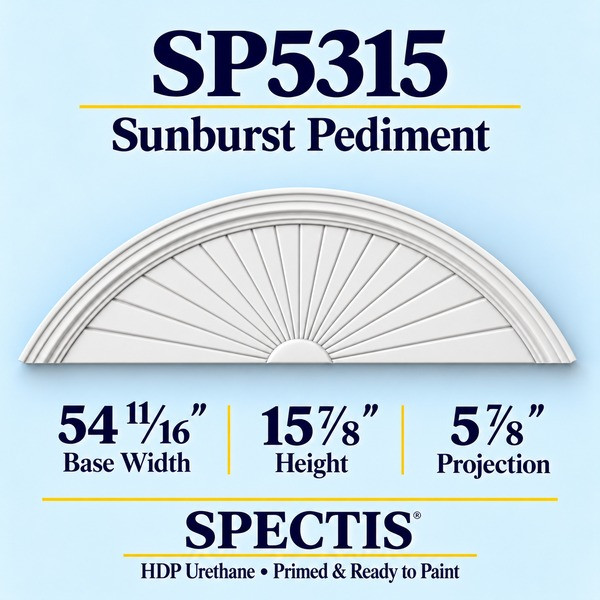 SP5315 Sunburst Pediment in primed HDP urethane, 54 11/16 inch base width × 15 7/8 inch height × 5 7/8 inch projection