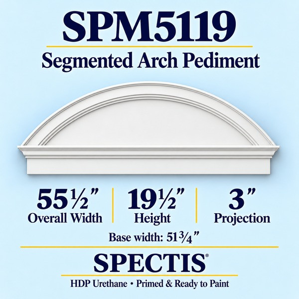 SPM5119 Segmented Arch Pediment in primed HDP urethane, 55 1/2 inch overall width × 19 1/2 inch height × 3 inch projection