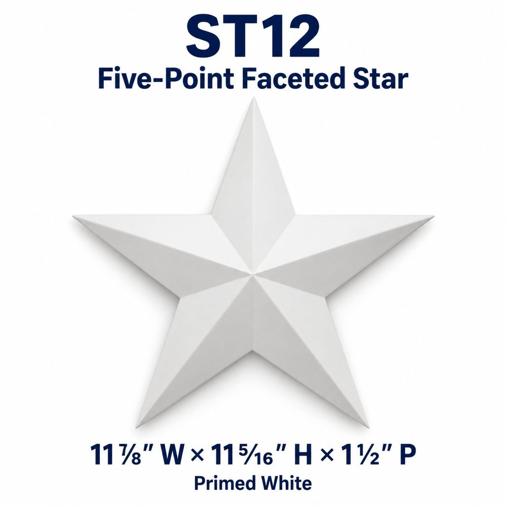 ST12 Five-Point Faceted Star; 11⅞″ W × 11⁵⁄₁₆″ H × 1½″ P; primed white