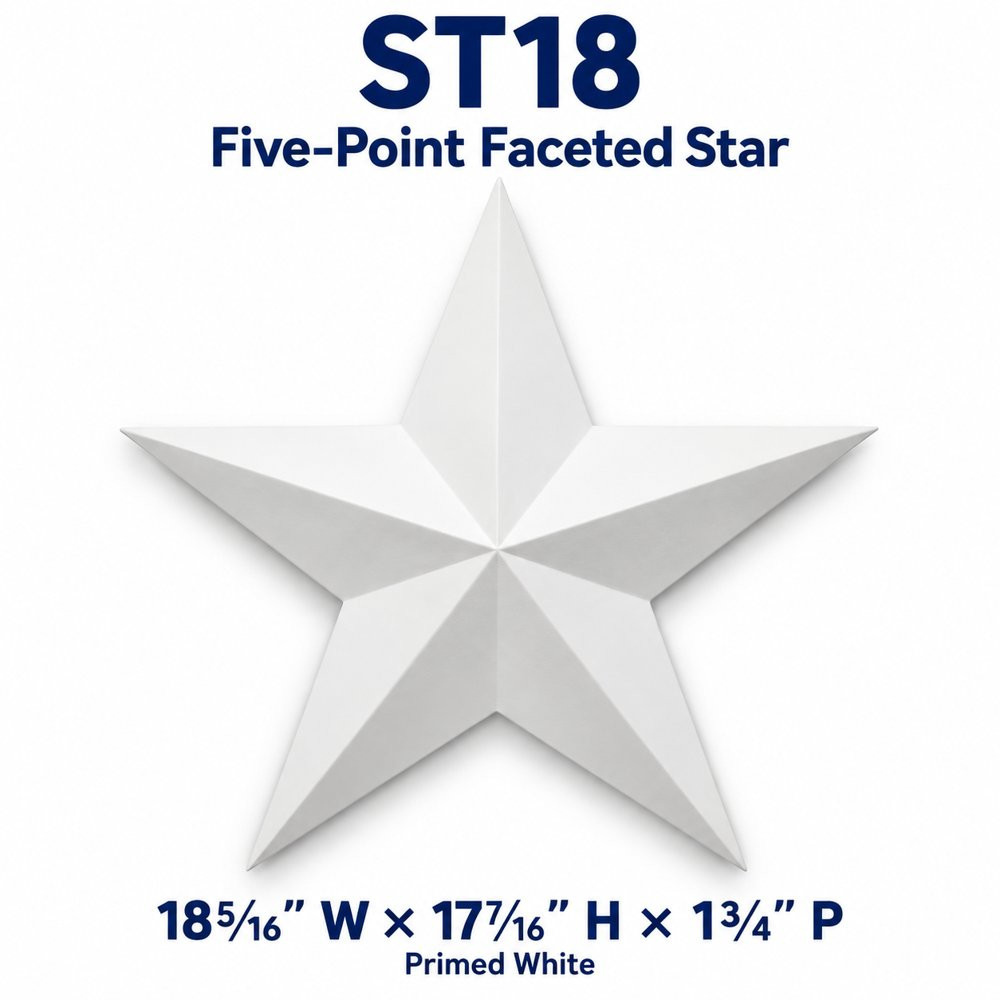 ST18 Five-Point Faceted Star; 18⁵⁄₁₆″ W × 17⁷⁄₁₆″ H × 1¾″ P; primed white
