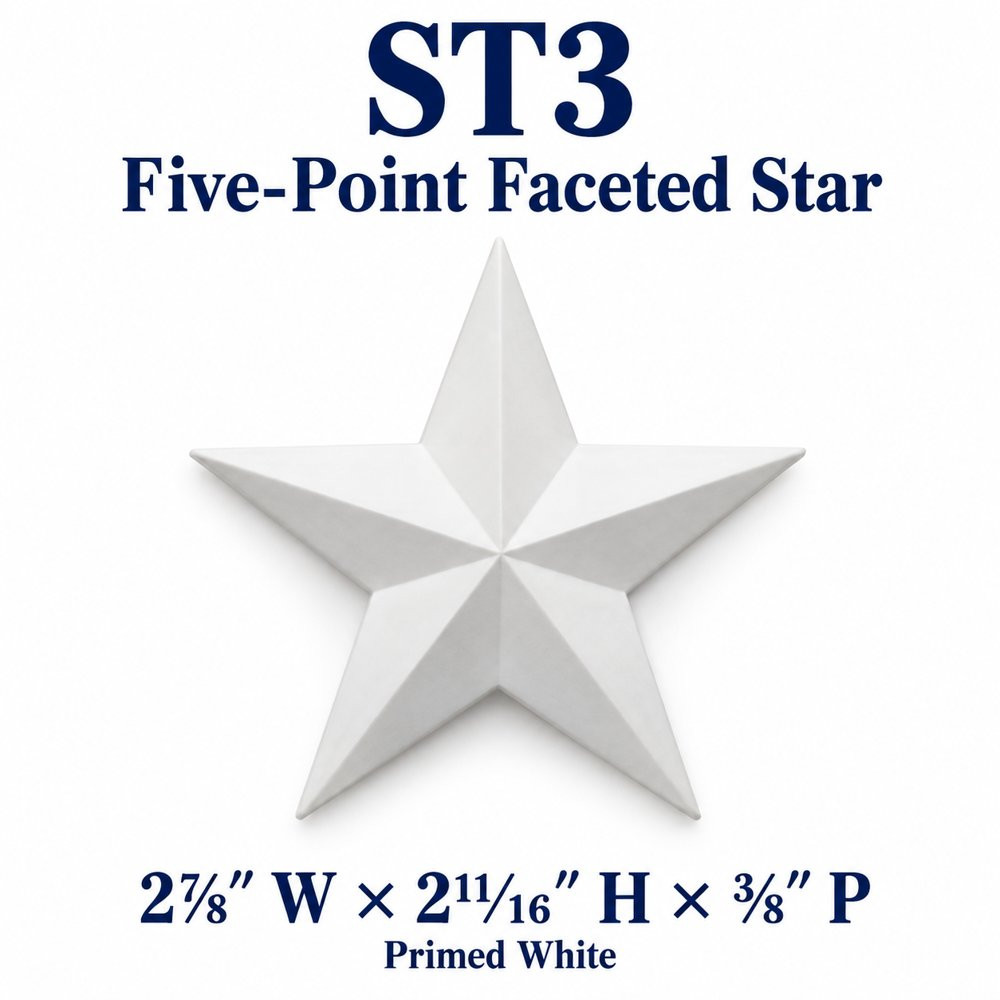 ST3 Five-Point Faceted Star; 2⅞″ W × 2¹¹⁄₁₆″ H × ⅜″ P; primed white