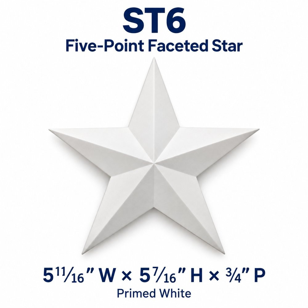 ST6 Five-Point Faceted Star; 5¹¹⁄₁₆″ W × 5⁷⁄₁₆″ H × ¾″ P; primed white