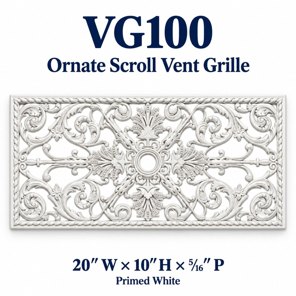 VG100 Ornate Scroll Vent Grille; 20″ W × 10″ H × ⁵⁄₁₆″ P; primed white