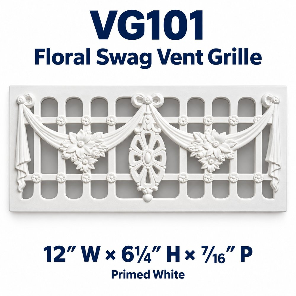 VG101 Floral Swag Vent Grille; 12″ W × 6¼″ H × ⁷⁄₁₆″ P; primed white
