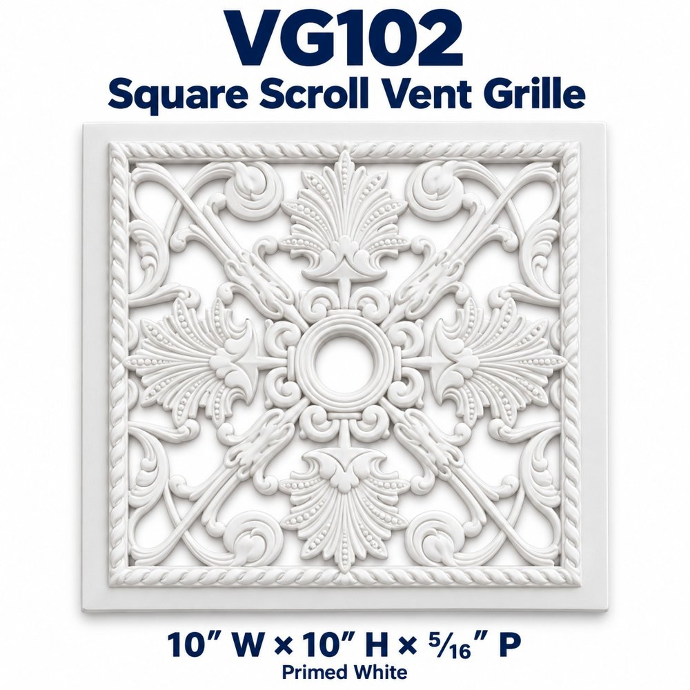 VG102 Square Scroll Vent Grille; 10″ W × 10″ H × ⁵⁄₁₆″ P; primed white