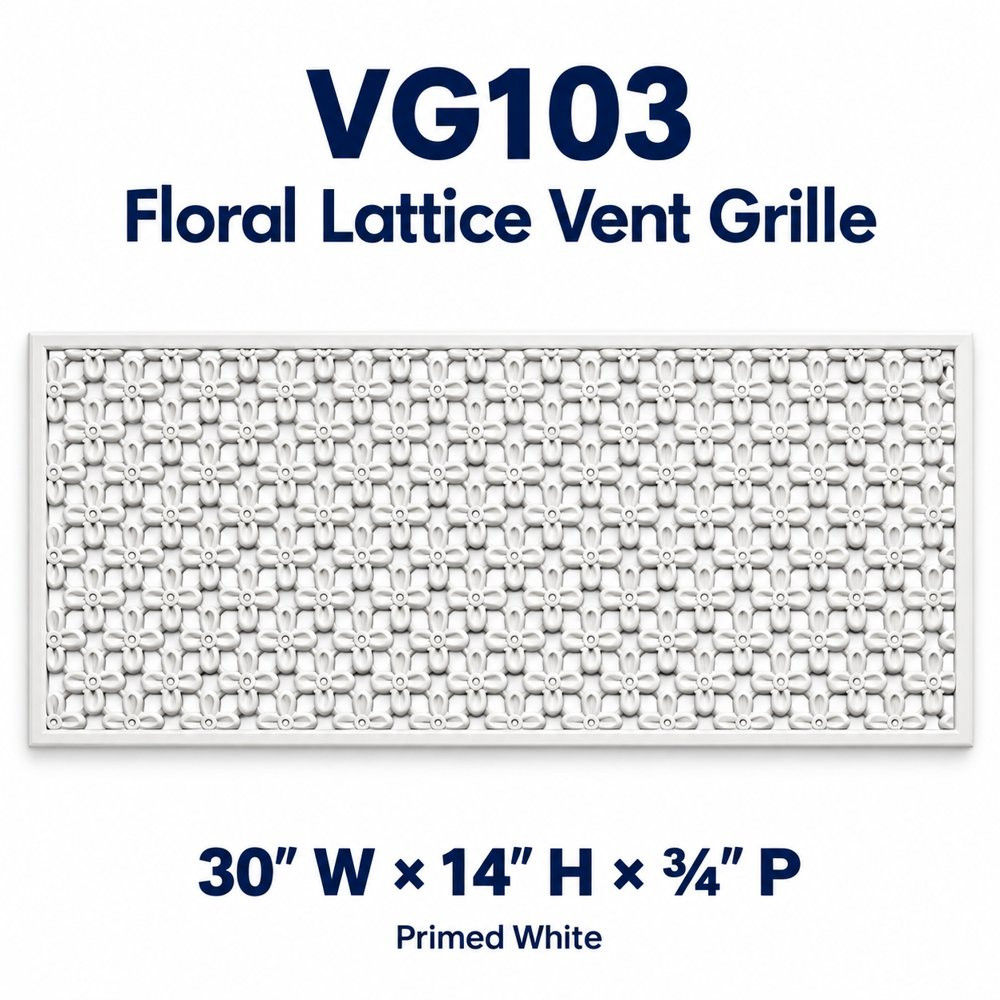 VG103 Floral Lattice Vent Grille; 30″ W × 14″ H × ¾″ P; primed white