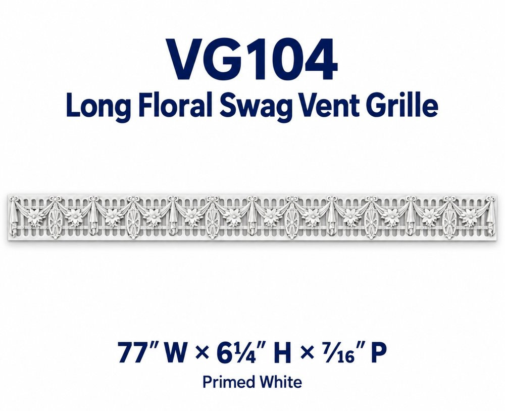 VG104 Long Floral Swag Vent Grille; 77″ W × 6¼″ H × ⁷⁄₁₆″ P; primed white