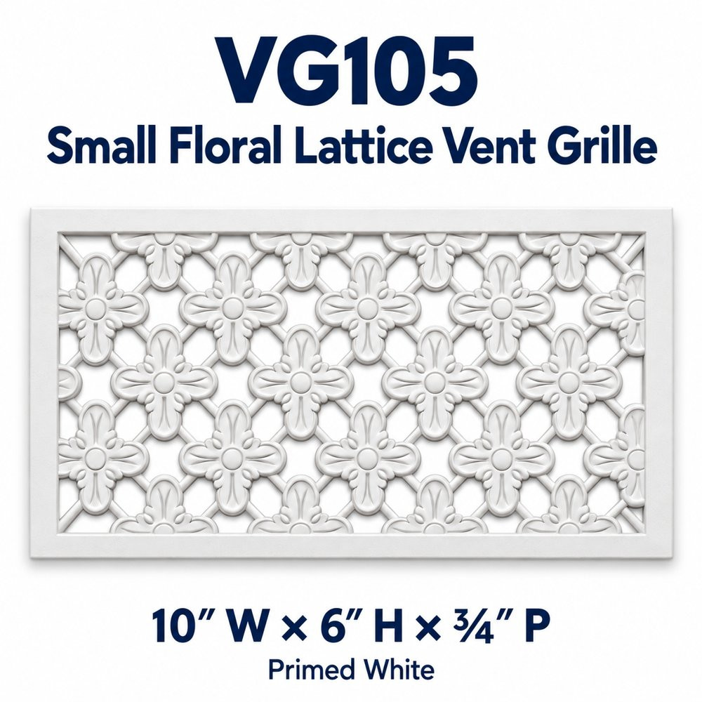 VG105 Small Floral Lattice Vent Grille; 10″ W × 6″ H × ¾″ P; primed white