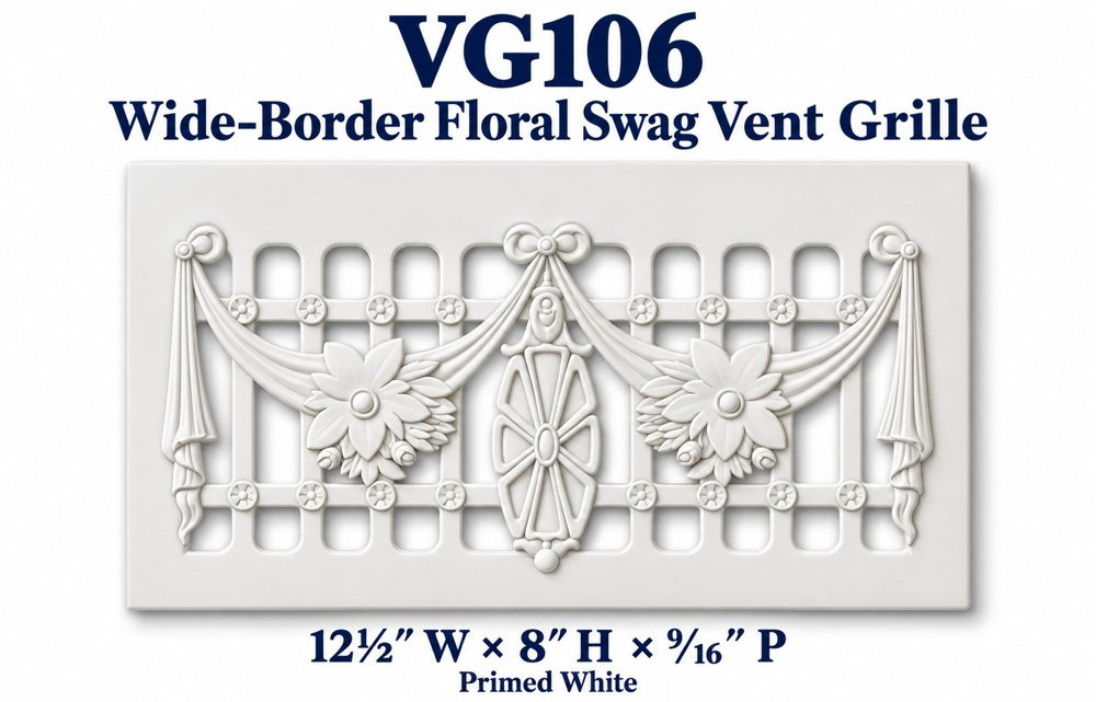 VG106 Wide-Border Floral Swag Vent Grille; 12½″ W × 8″ H × ⁹⁄₁₆″ P; primed white