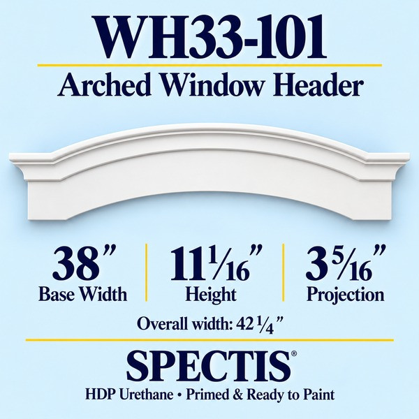 WH33-101 Arched Window Header in primed HDP urethane, 38 inch base width × 11 1/16 inch height × 3 5/16 inch projection