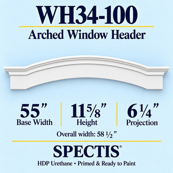 WH34-100 Arched Window Header in primed HDP urethane, 55 inch base width × 11 5/8 inch height × 6 1/4 inch projection