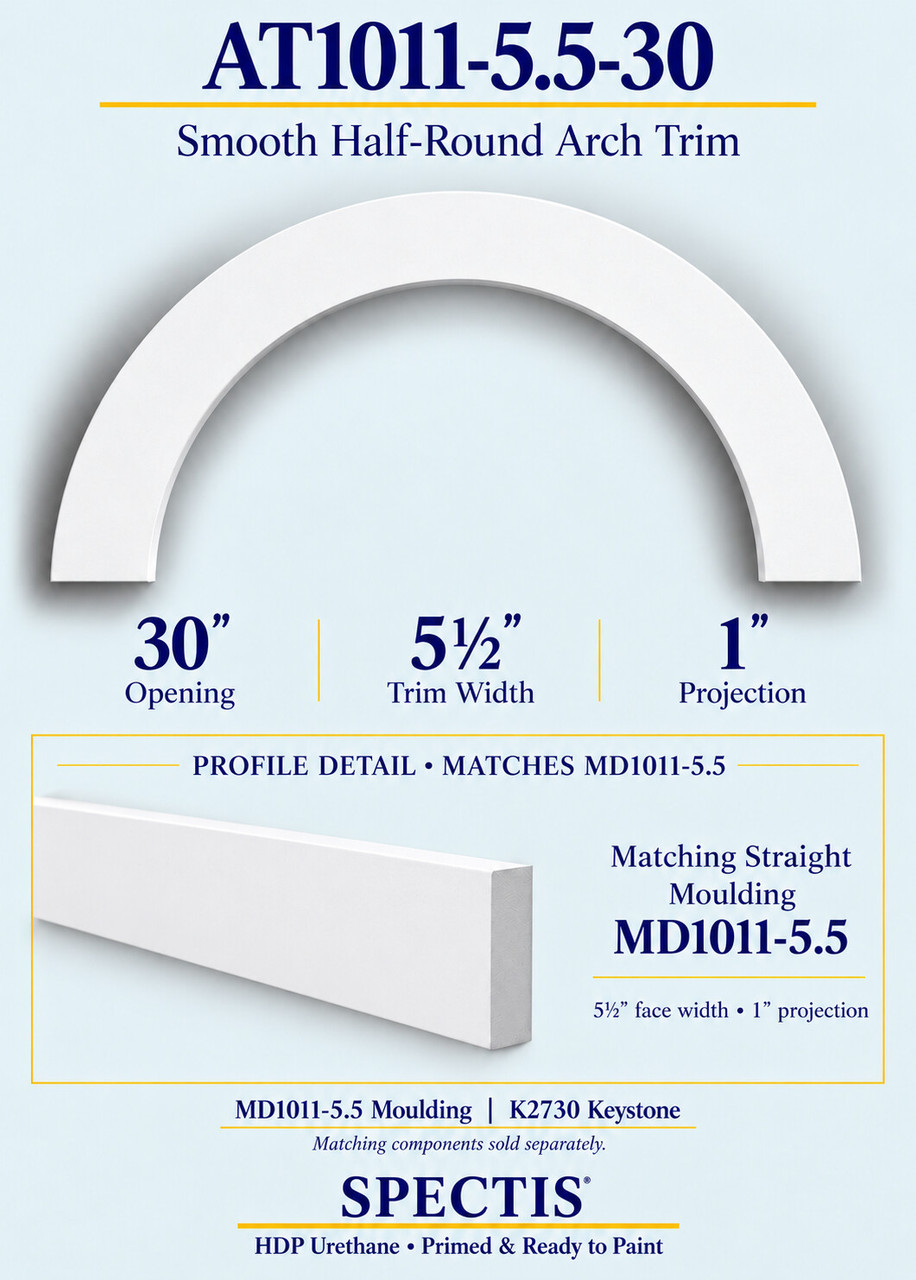 AT1011-5.5-30 smooth half-round urethane arch trim with matching MD1011-5.5 trim and K2730 keystone information