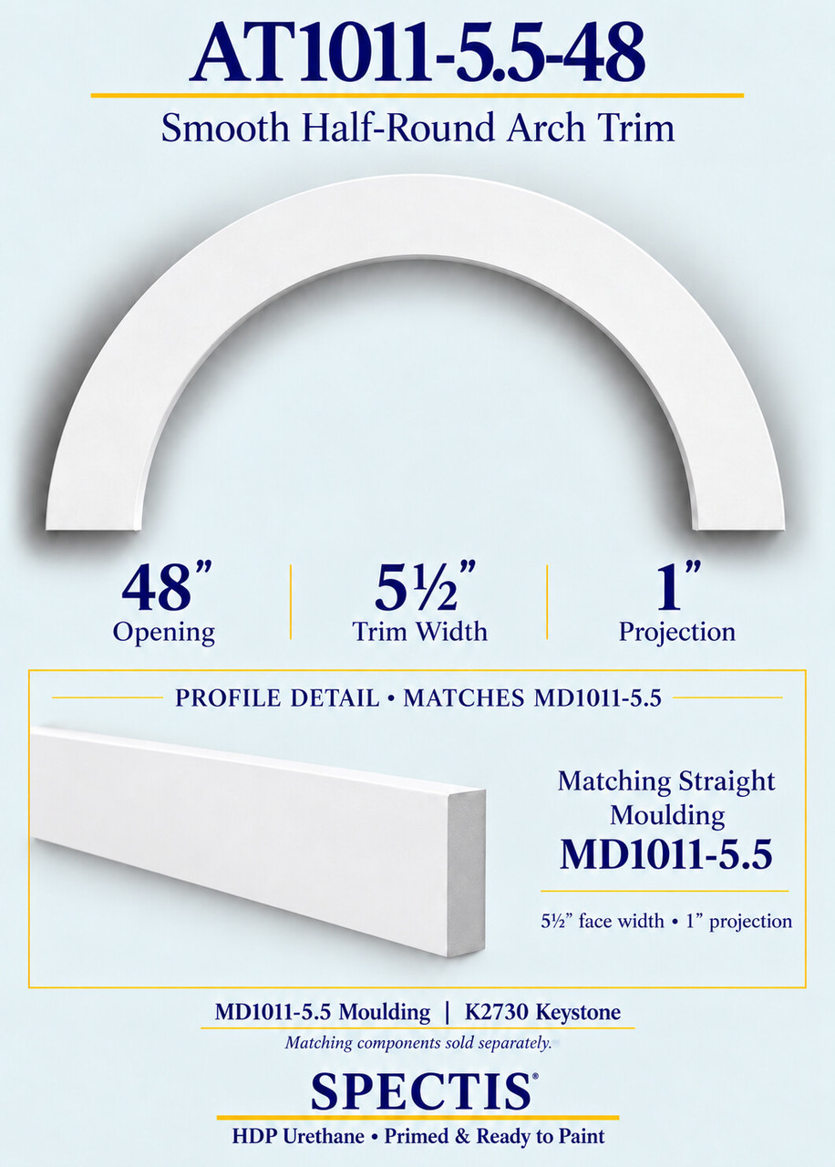 AT1011-5.5-48 smooth half-round urethane arch trim with matching MD1011-5.5 trim and K2730 keystone information