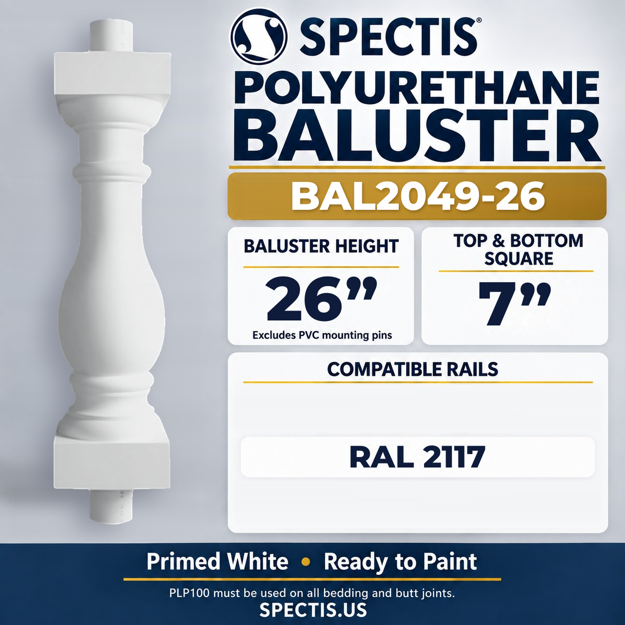 BAL2049-26 Spectis Polyurethane Baluster — 26″ H × 7″ Square; dimensions and compatible rails