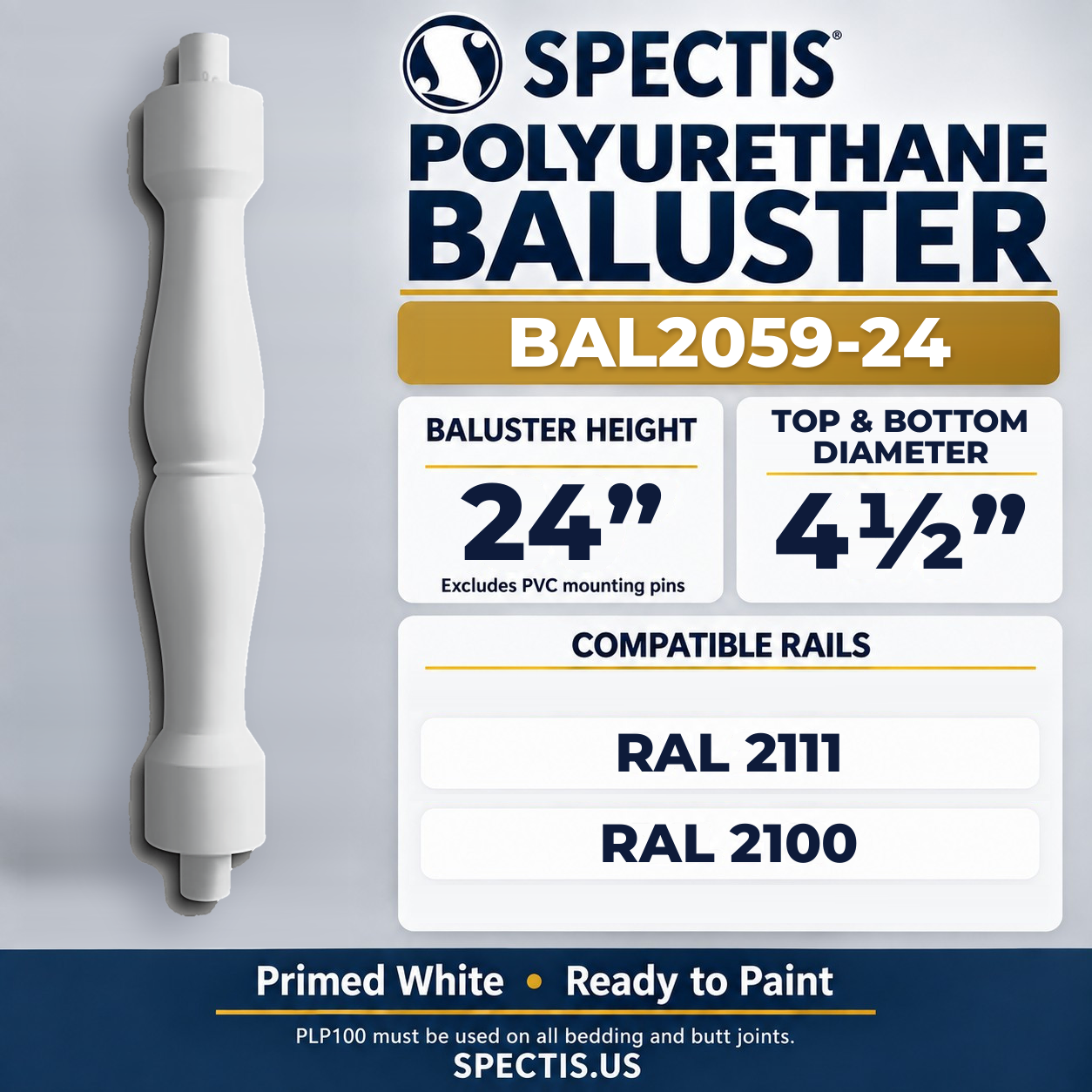 BAL2059-24 Spectis Polyurethane Baluster — 24″ H × 4 1/2″ Round; dimensions and compatible rails