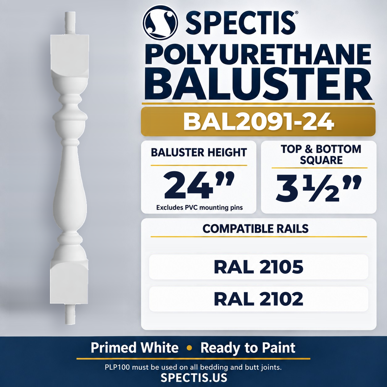 BAL2091-24 Spectis Polyurethane Baluster — 24″ H × 3 1/2″ Square; dimensions and compatible rails