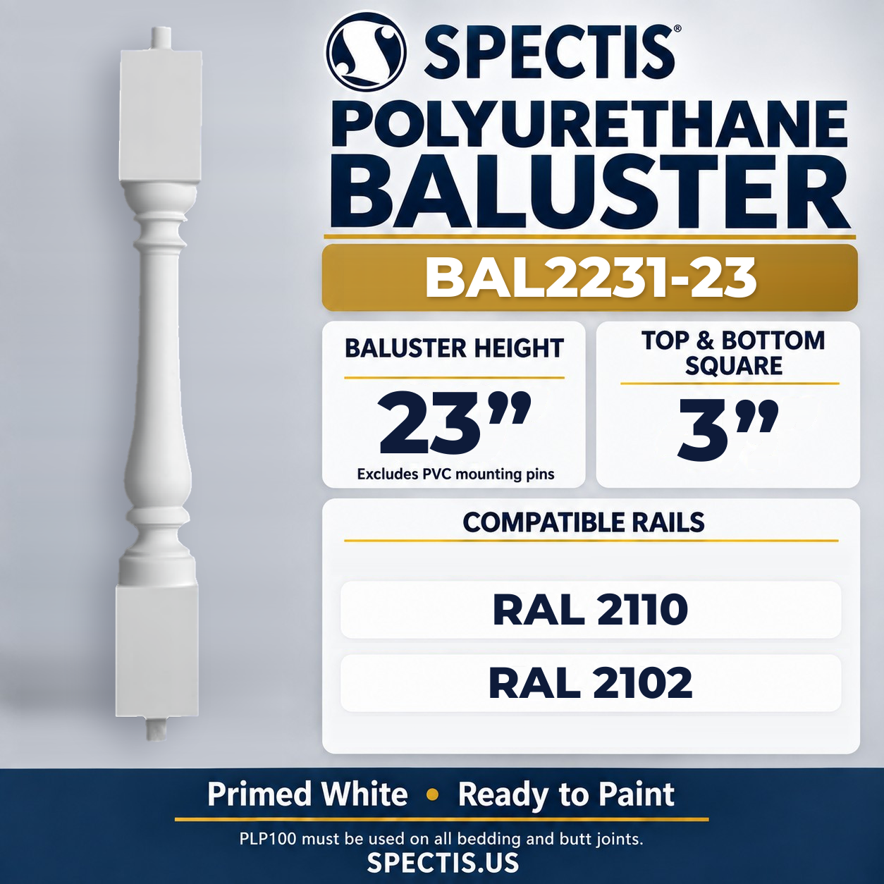 BAL2231-23 Spectis Polyurethane Baluster — 23″ H × 3″ Square; dimensions and compatible rails