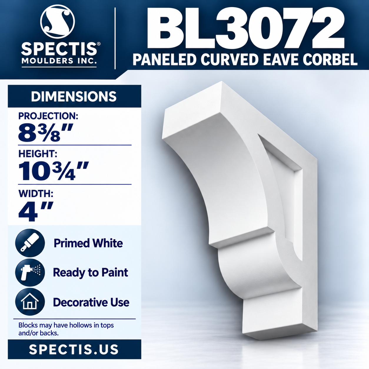 BL3072 Paneled Curved Eave Corbel 4"W x 10.75"H x 8.375"P