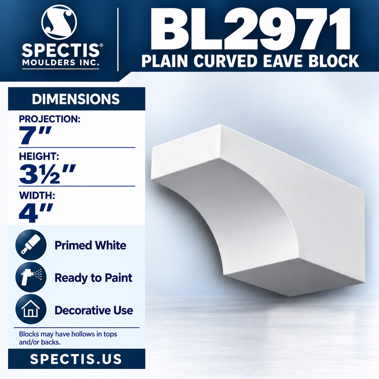 BL2971 Plain Curved Eave Block 4"W x 3.5"H x 7"P