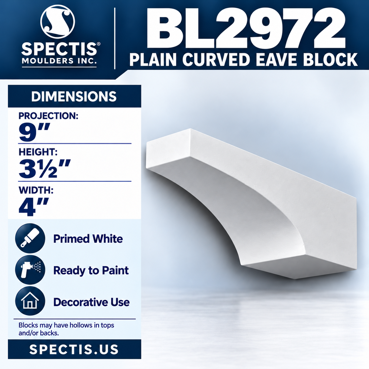 BL2972 Plain Curved Eave Block 4"W x 3.5"H x 9"P