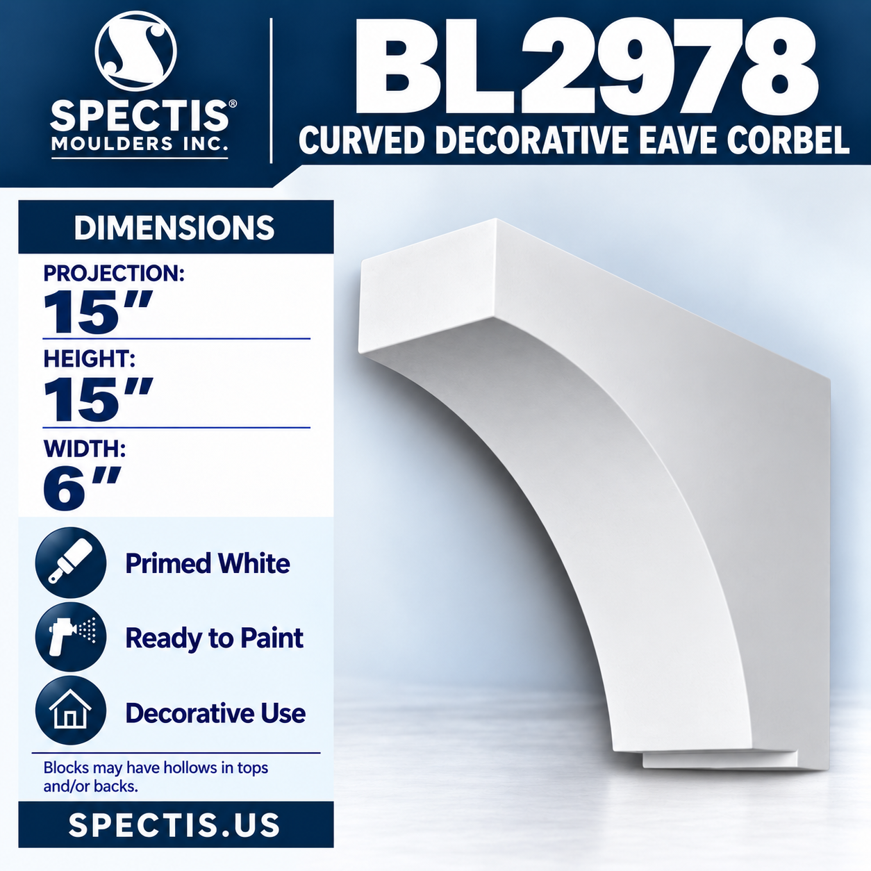 BL2978 Curved Decorative Eave Corbel 6"W x 15"H x 15"P