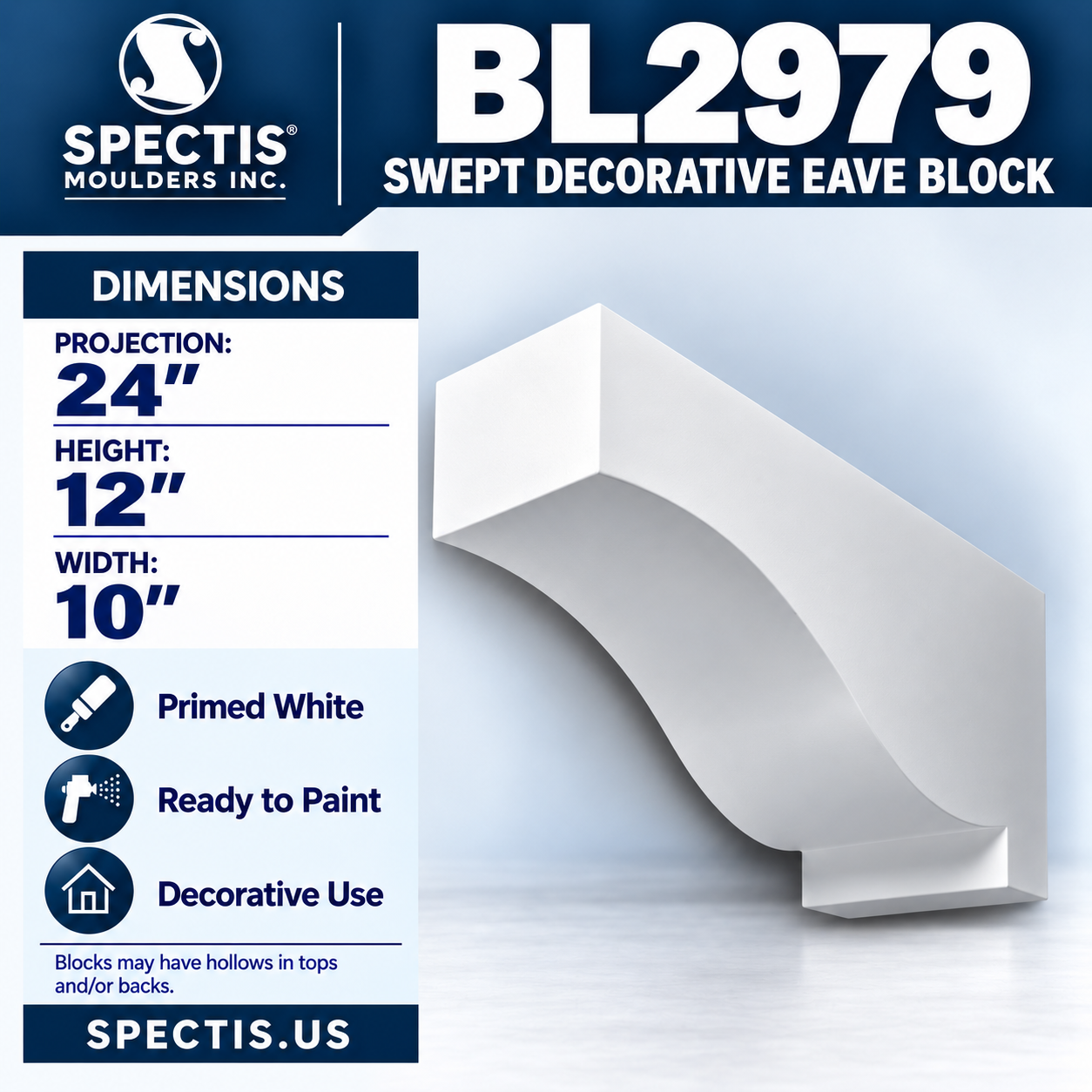 BL2979 Swept Decorative Eave Block 10"W x 12"H x 24"P
