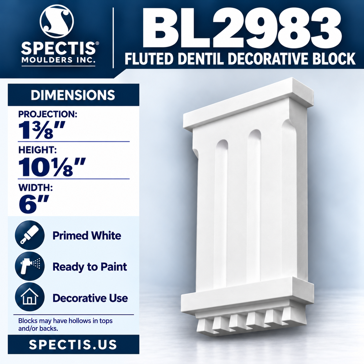 BL2983 Fluted Dentil Decorative Block 6"W x 10.125"H x 1.375"P