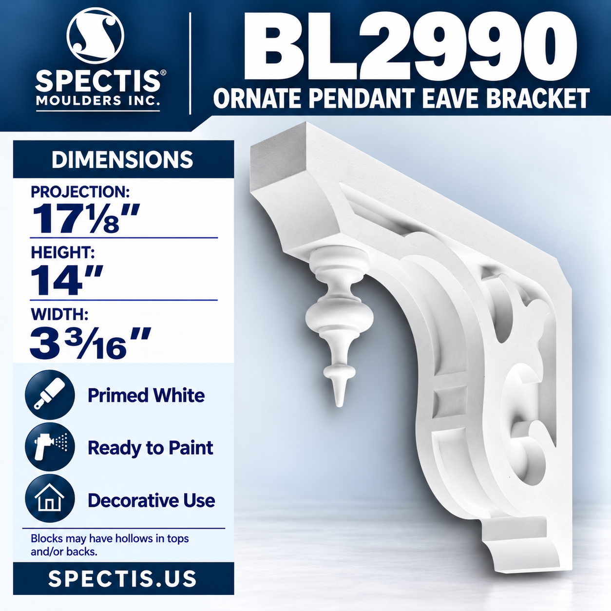 BL2990 Ornate Pendant Eave Bracket 3.1875"W x 14"H x 17.125"P