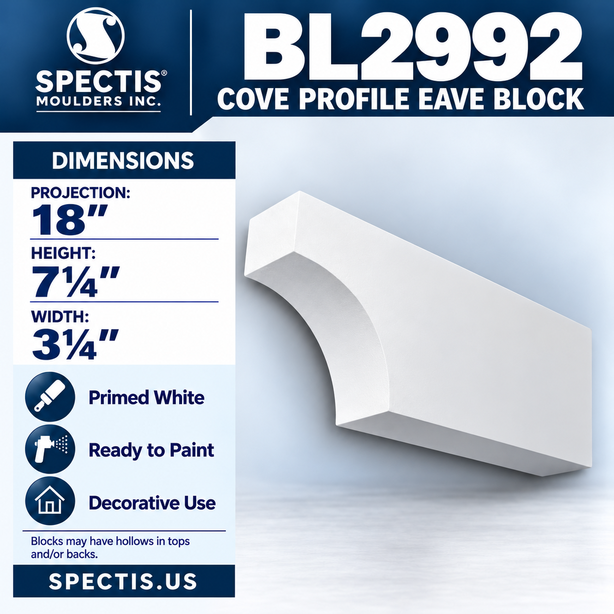 BL2992 Cove Profile Eave Block 3.25"W x 7.25"H x 18"P