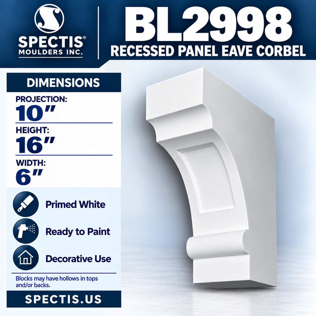 BL2998 Recessed Panel Eave Corbel 6"W x 16"H x 10"P